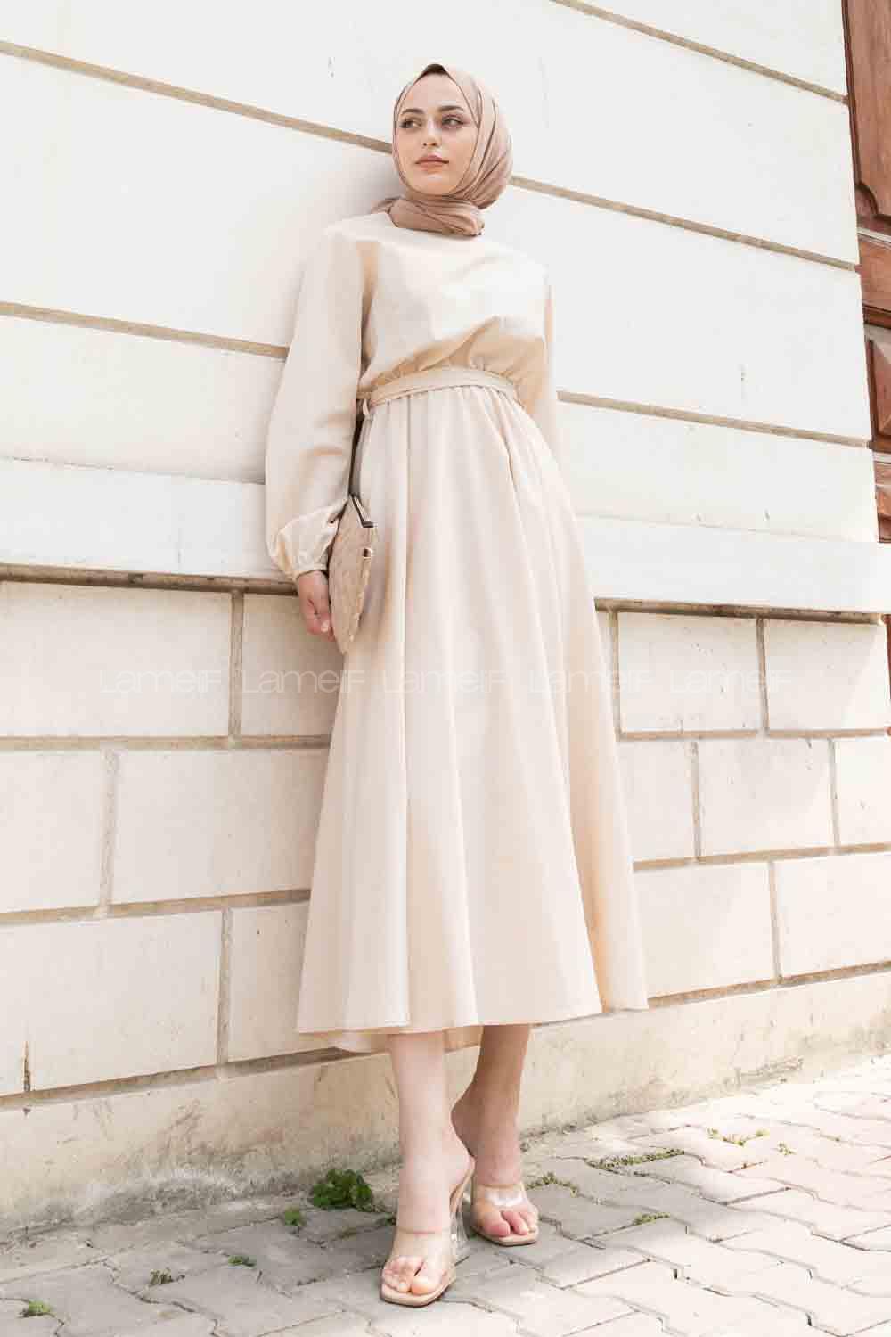 Stone Medium Crew Neck Linen Unprinted Dresess