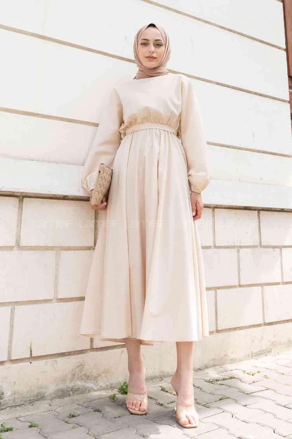 Stone Medium Crew Neck Linen Unprinted Dresess