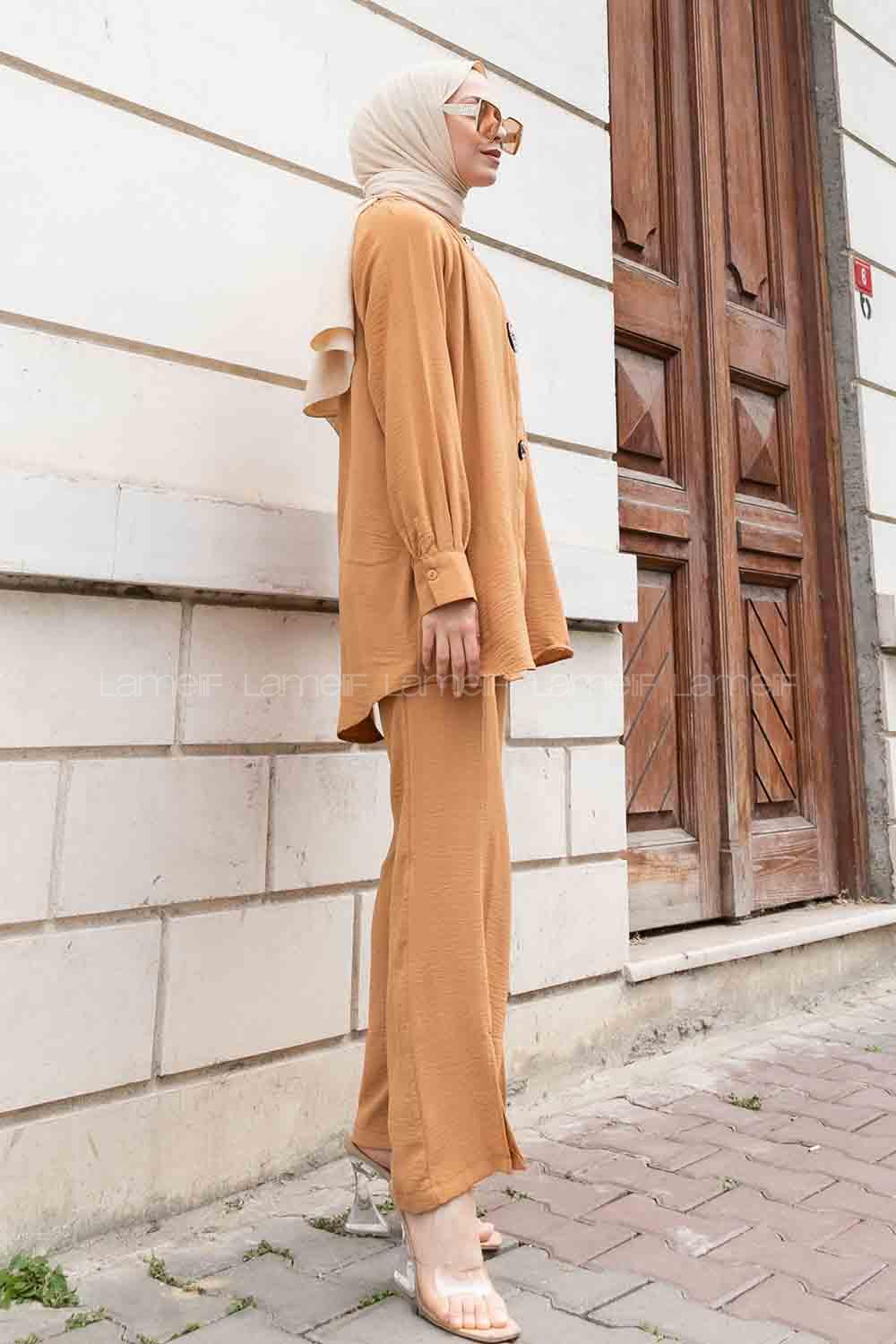 Camel Mandarin Collar Long Arm With Brooch Ayrobin Regular Trousers Comfortable Suit