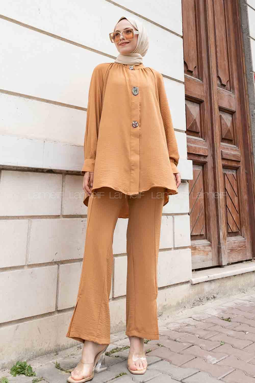 Camel Mandarin Collar Long Arm With Brooch Ayrobin Regular Trousers Comfortable Suit