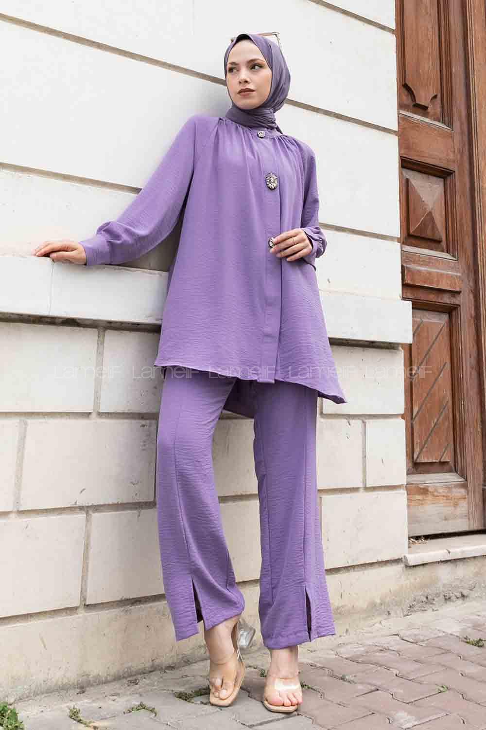 Purble Mandarin Collar Long Arm With Brooch Ayrobin Regular Trousers Comfortable Suit