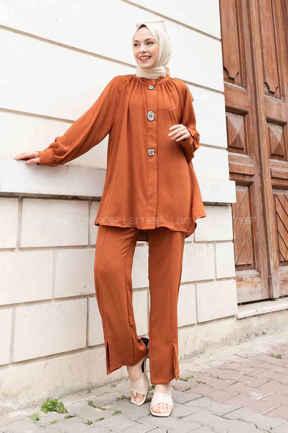 Tan Mandarin Collar Long Arm With Brooch Ayrobin Regular Trousers Comfortable Suit