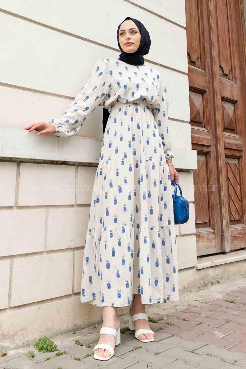 Indigo Crew Neck Linen Printed Dresess