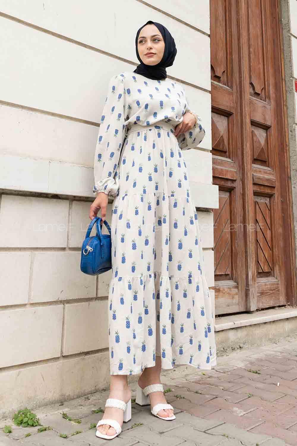 Indigo Crew Neck Linen Printed Dresess