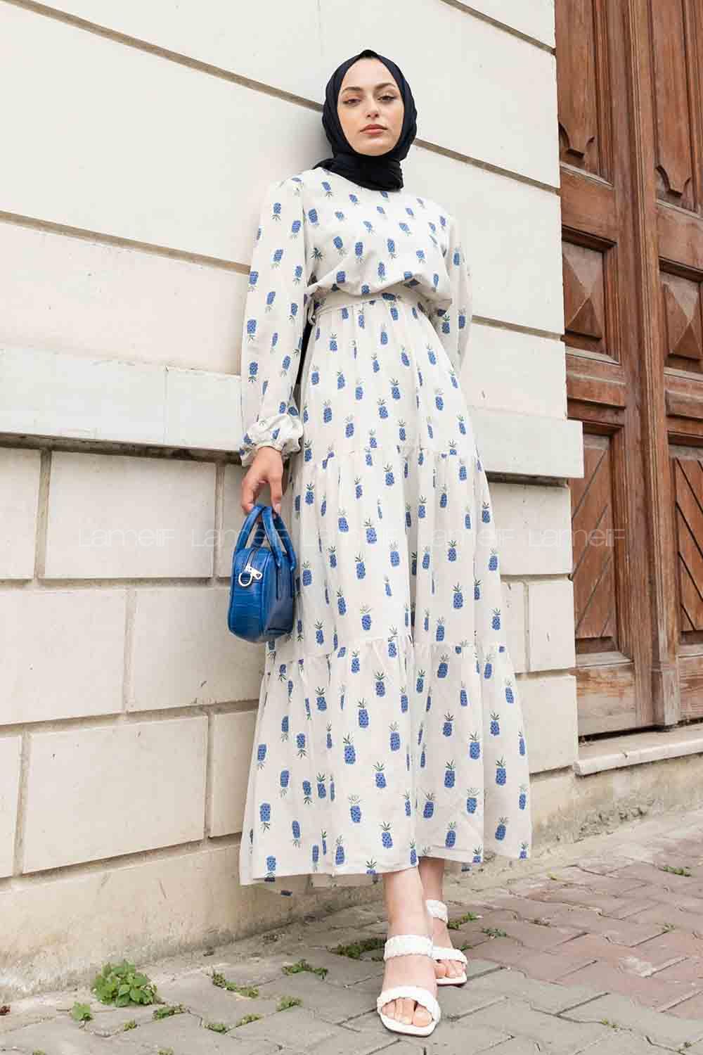 Indigo Crew Neck Linen Printed Dresess