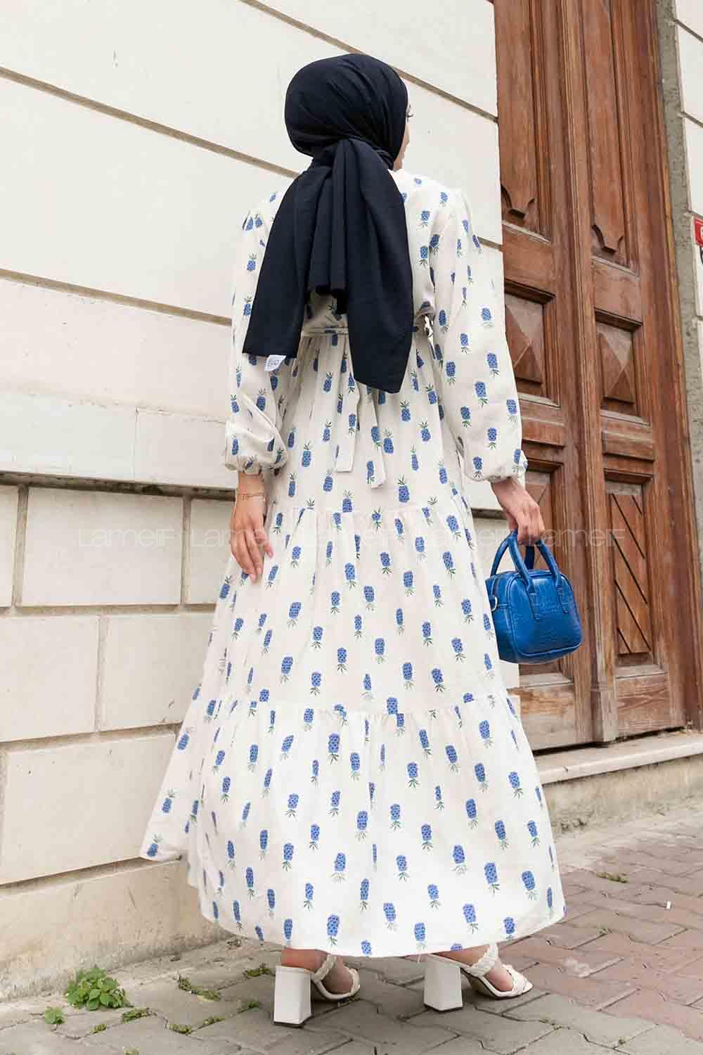 Indigo Crew Neck Linen Printed Dresess