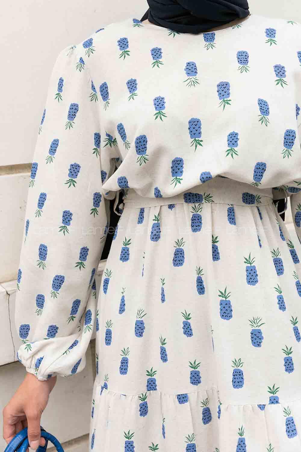 Indigo Crew Neck Linen Printed Dresess