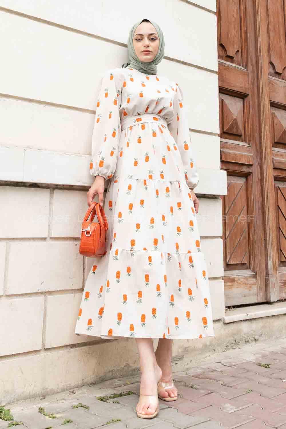 Orange Crew Neck Linen Printed Dresess