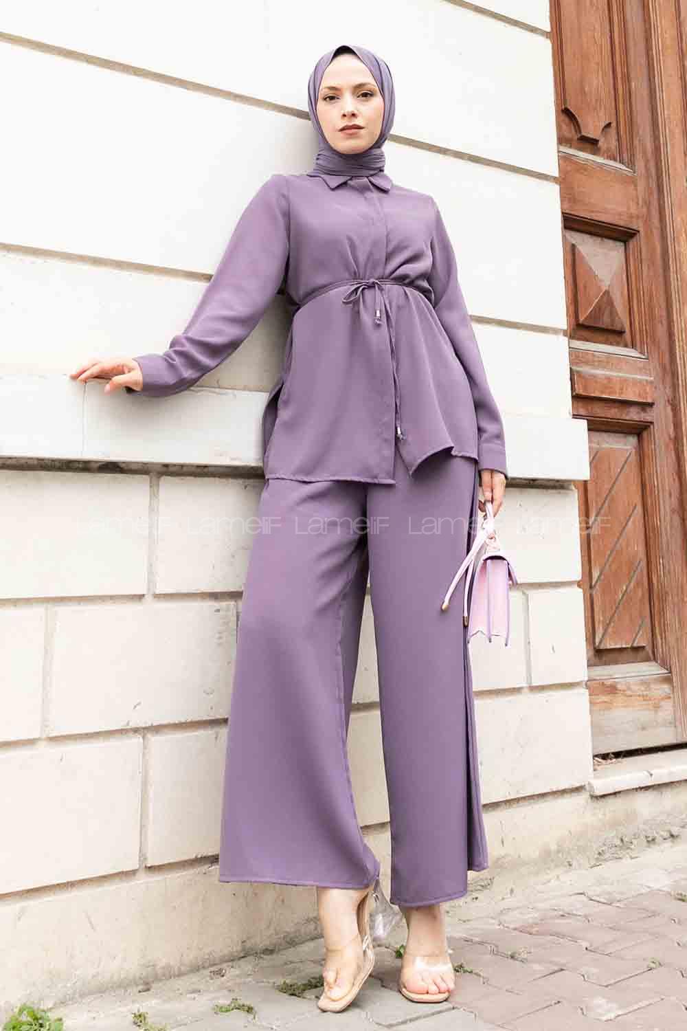 Plato Shirt Collar Long Arm Belted Crepe Fabric Regular Trousers Comfortable Suit