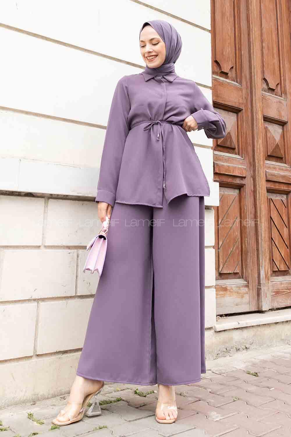 Plato Shirt Collar Long Arm Belted Crepe Fabric Regular Trousers Comfortable Suit