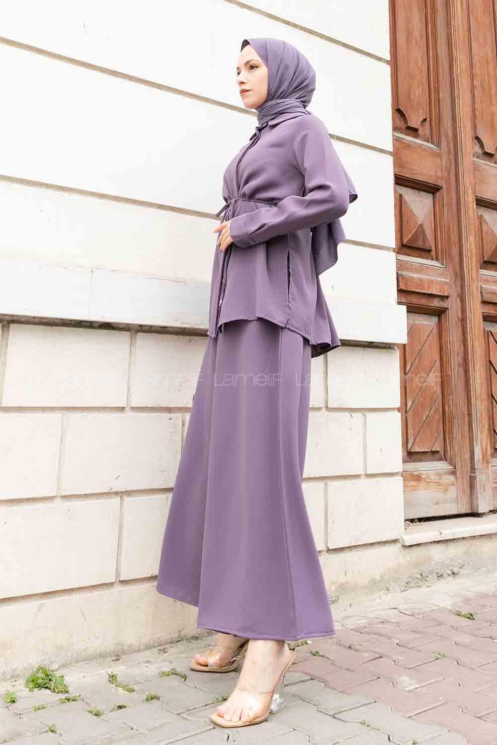 Plato Shirt Collar Long Arm Belted Crepe Fabric Regular Trousers Comfortable Suit