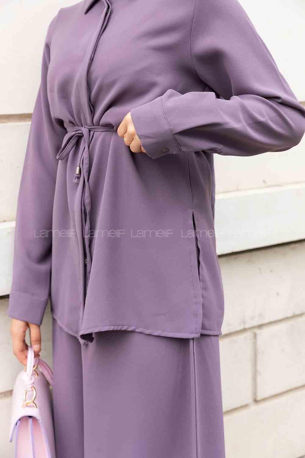 Plato Shirt Collar Long Arm Belted Crepe Fabric Regular Trousers Comfortable Suit