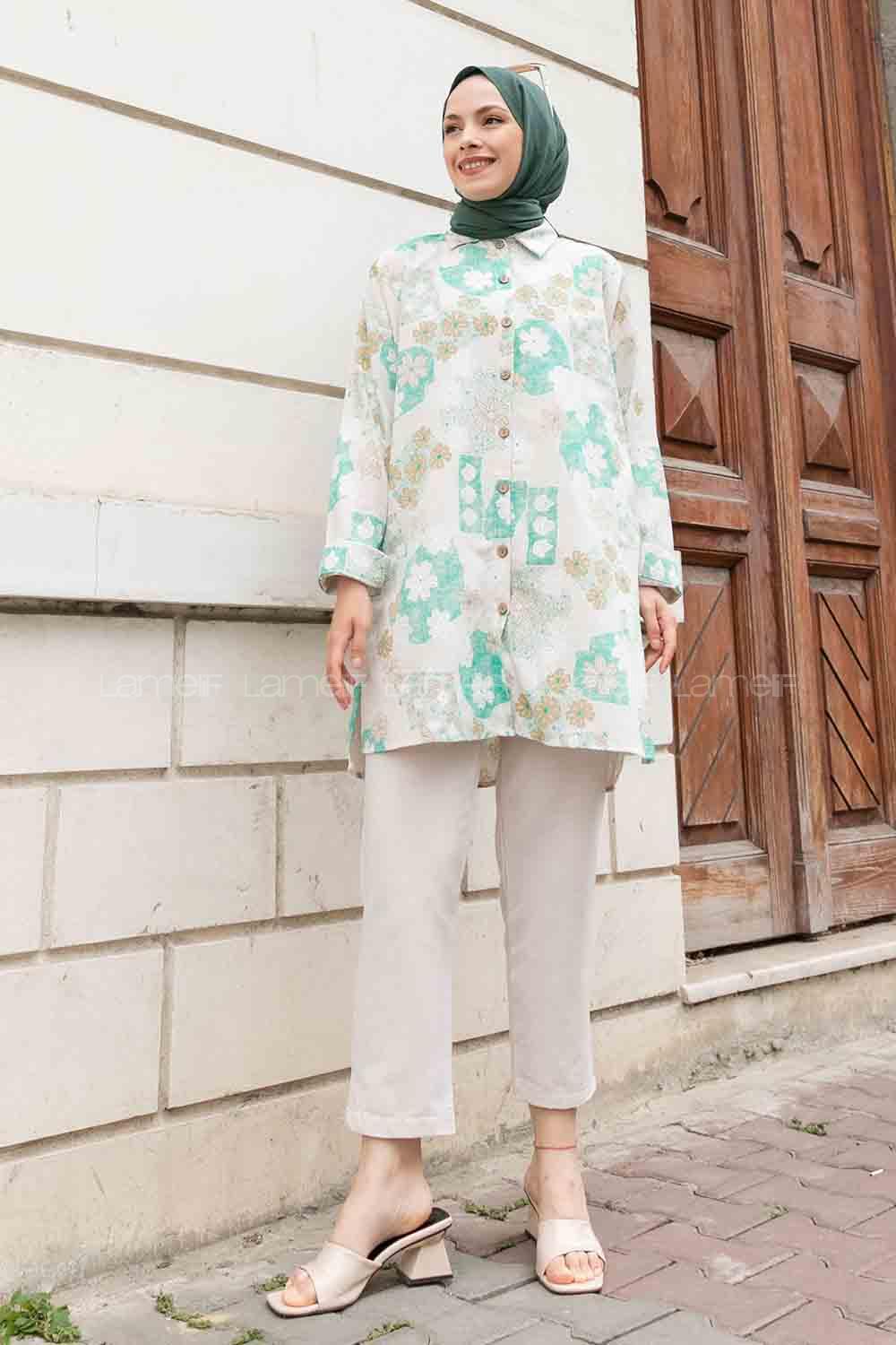 Green Shirt Collar Long Arm Buttoned Linen Regular Trousers Linen Suit