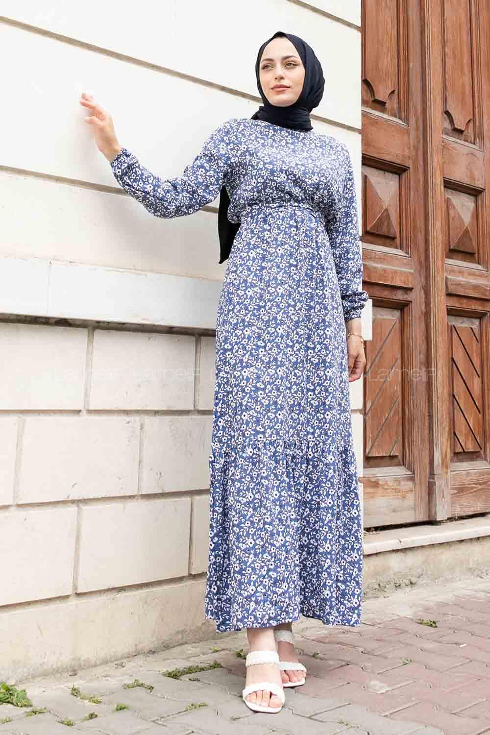 Indigo Crew Neck Viscose Fabric Printed Dresess