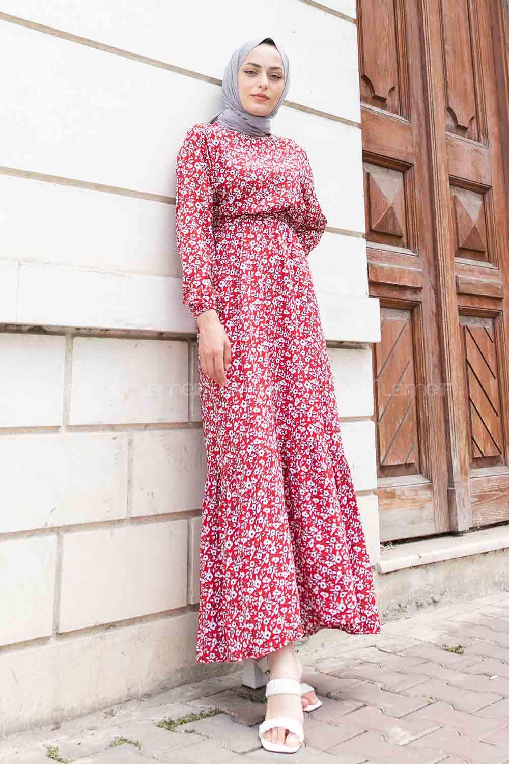 Red Crew Neck Viscose Fabric Printed Dresess