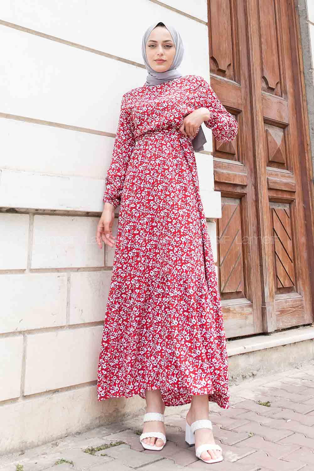 Red Crew Neck Viscose Fabric Printed Dresess