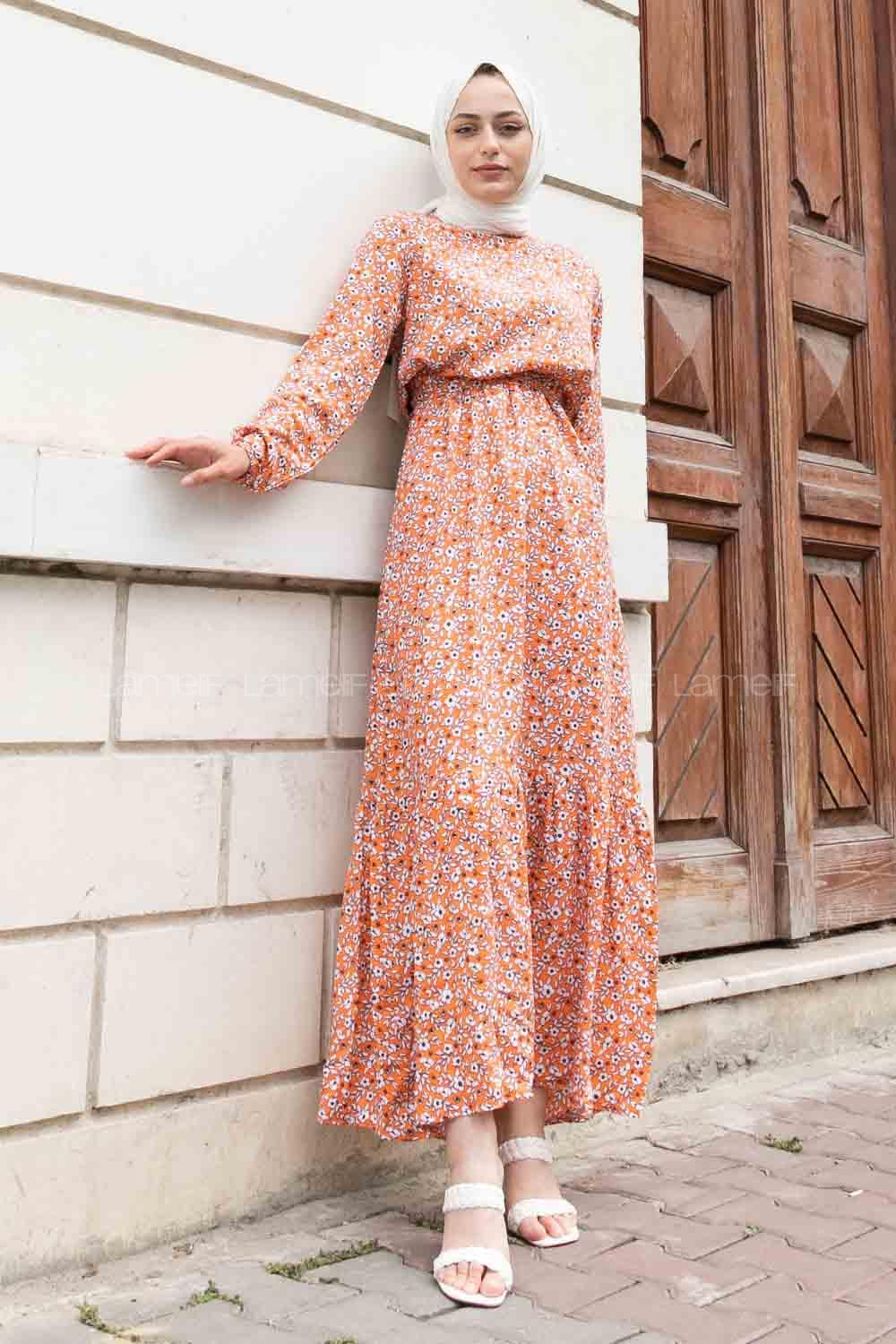 Orange Crew Neck Viscose Fabric Printed Dresess