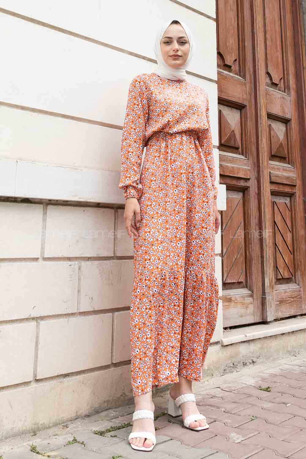 Orange Crew Neck Viscose Fabric Printed Dresess