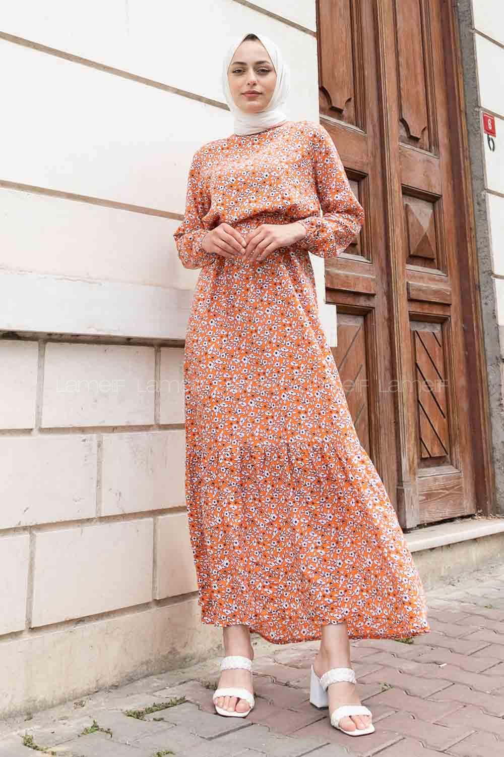 Orange Crew Neck Viscose Fabric Printed Dresess