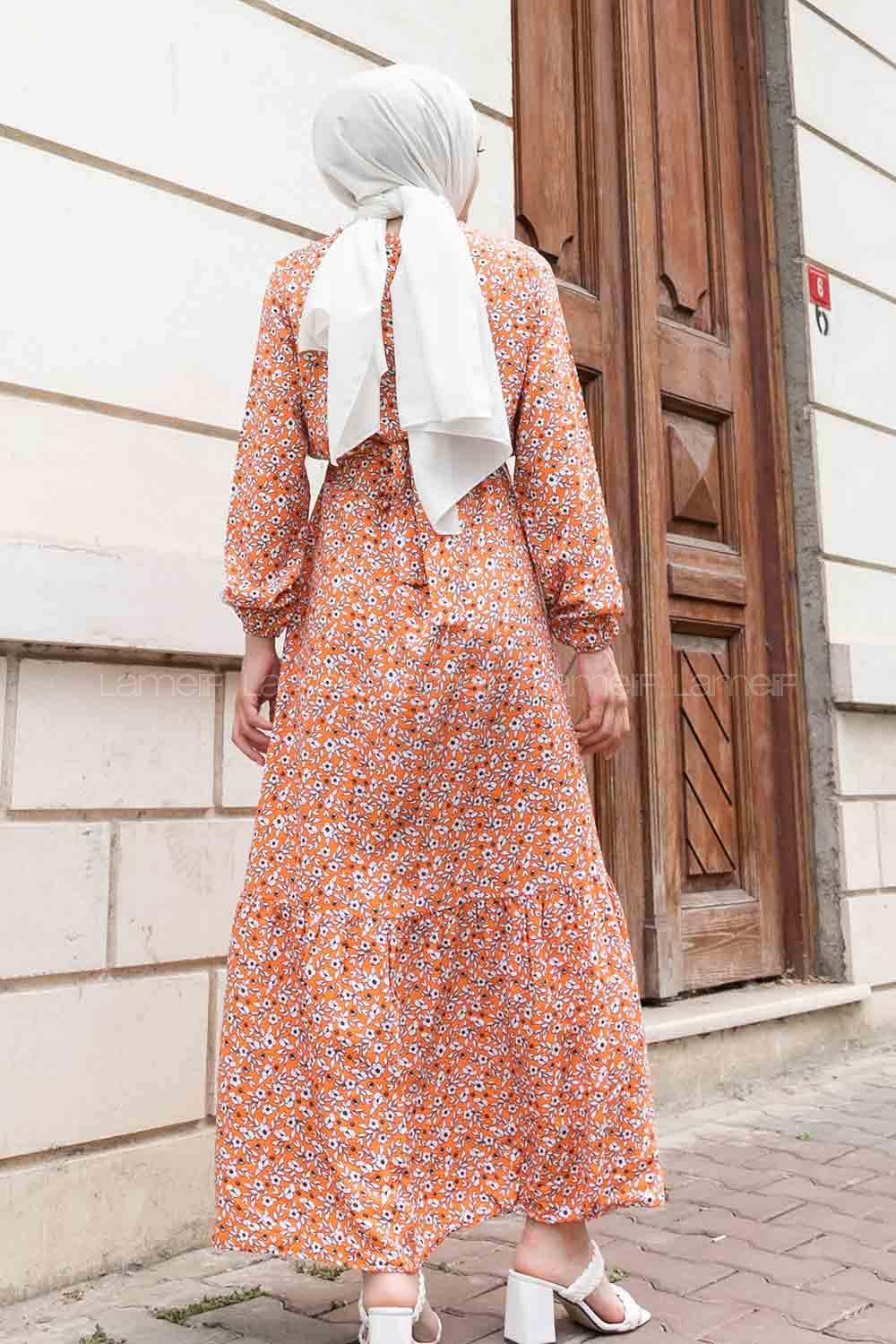 Orange Crew Neck Viscose Fabric Printed Dresess