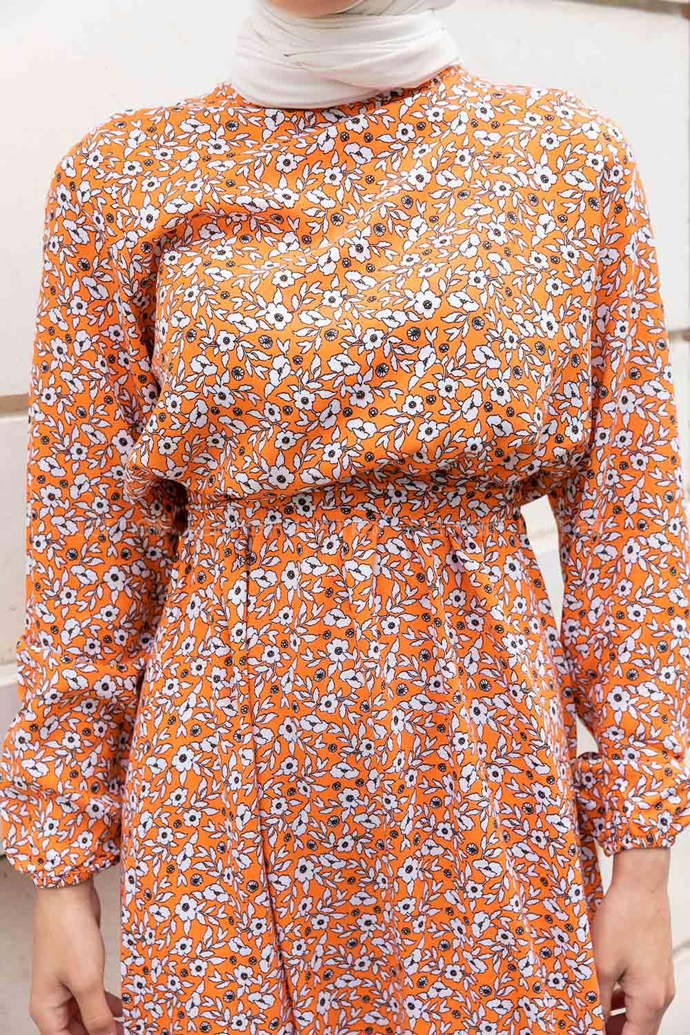 Orange Crew Neck Viscose Fabric Printed Dresess