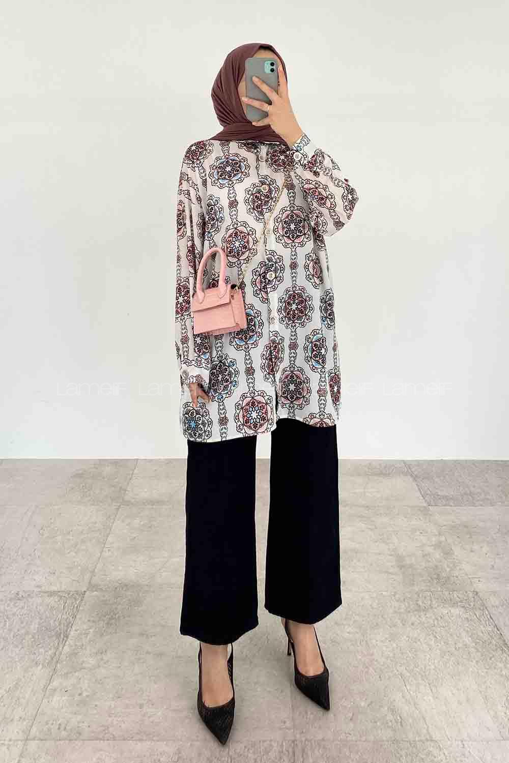 Ecru Shirt Collar Long Arm Cotton Printed Shirt