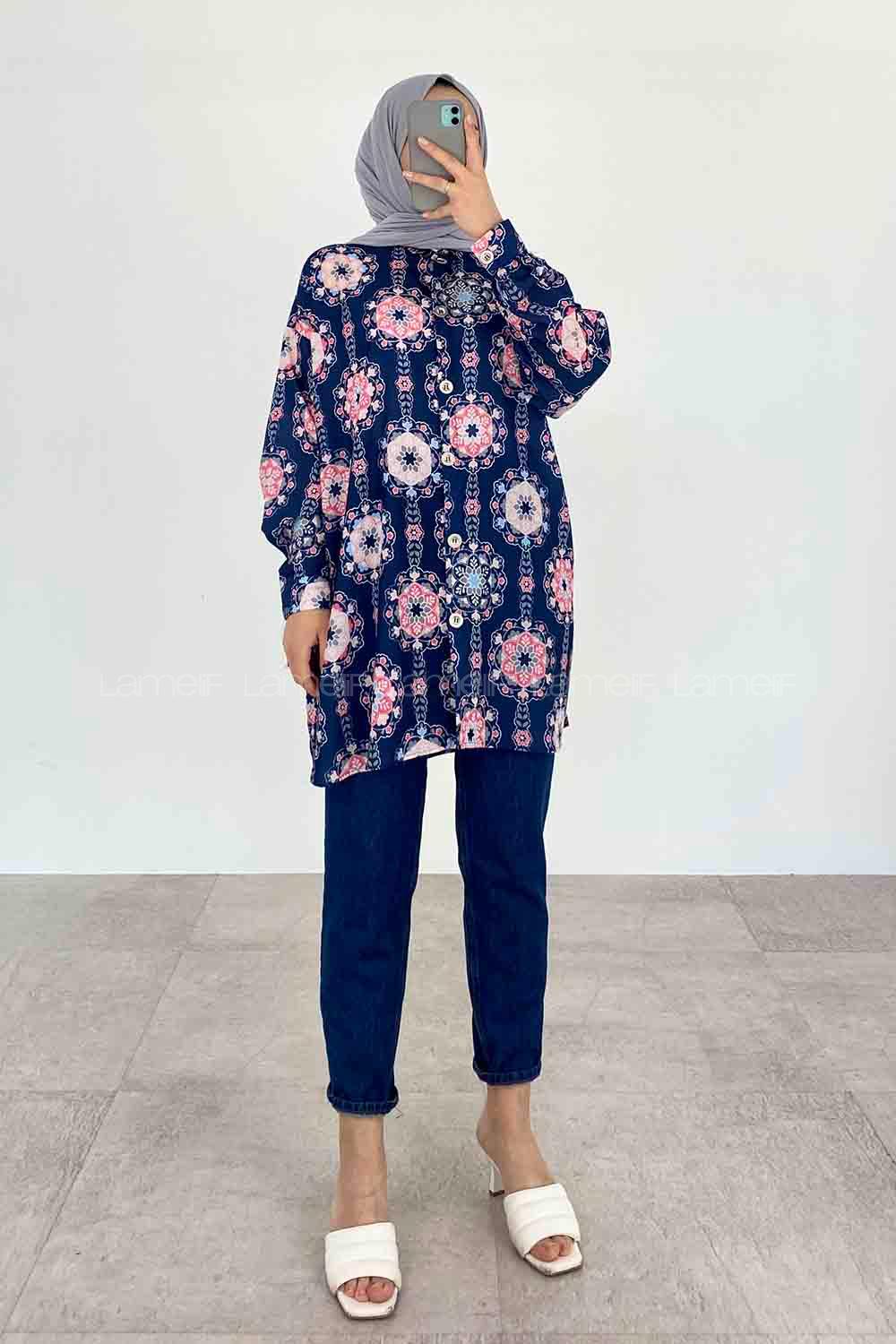 Navy Blue Shirt Collar Long Arm Cotton Printed Shirt