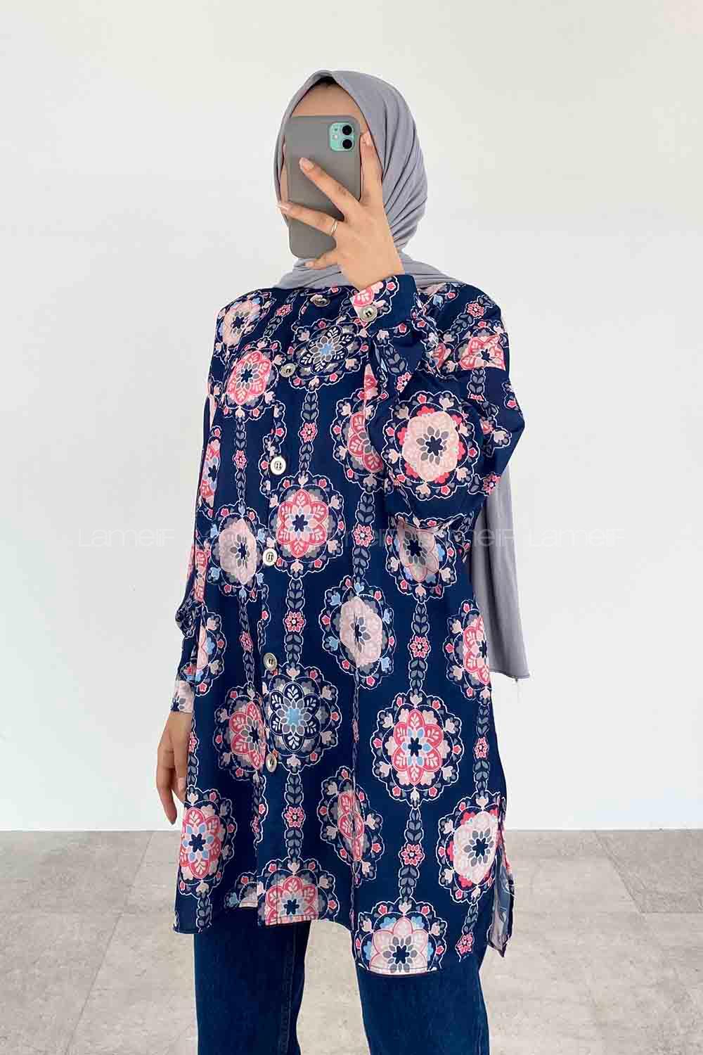 Navy Blue Shirt Collar Long Arm Cotton Printed Shirt