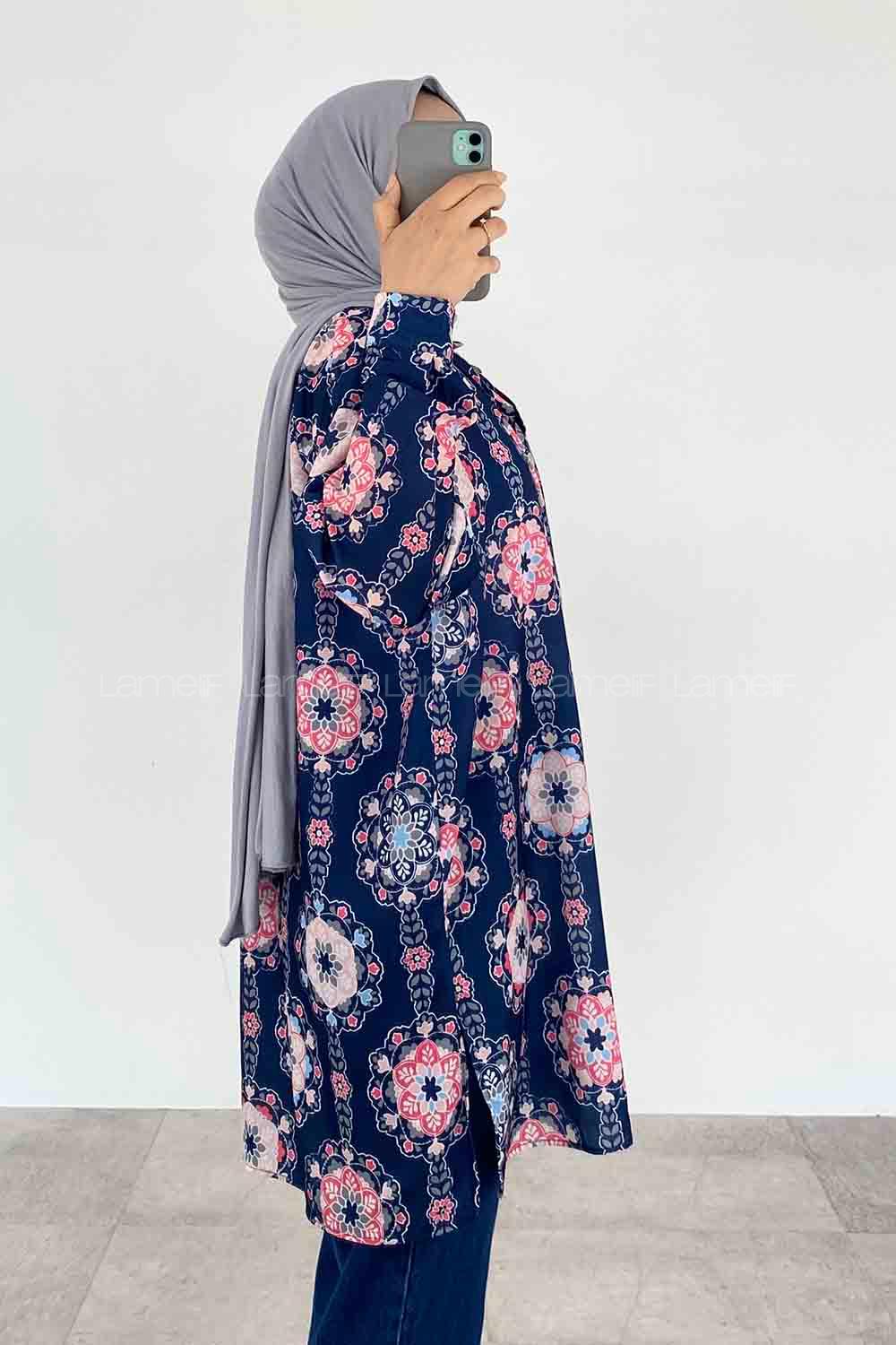 Navy Blue Shirt Collar Long Arm Cotton Printed Shirt