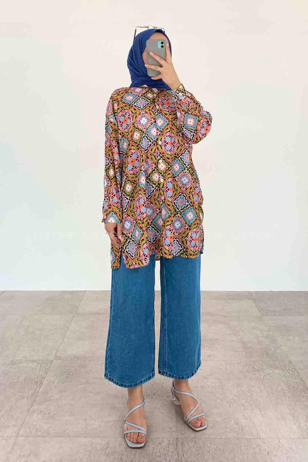 Oil Green Shirt Collar Long Arm Viscose Fabric Printed Shirt