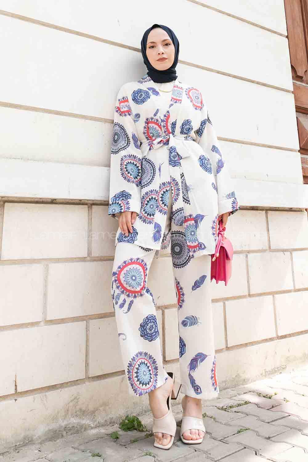 Indigo Normal Neck Long Arm Belted Linen Viscose Fabric Regular Trousers Linen Suit