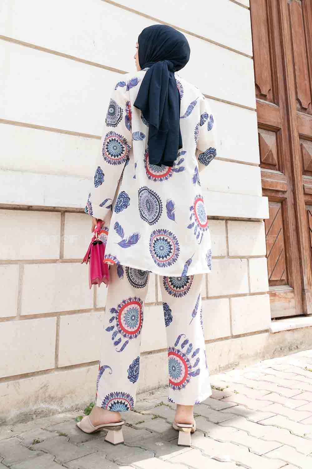 Indigo Normal Neck Long Arm Belted Linen Viscose Fabric Regular Trousers Linen Suit