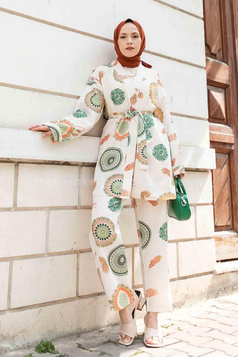 Green Normal Neck Long Arm Belted Linen Viscose Fabric Regular Trousers Linen Suit