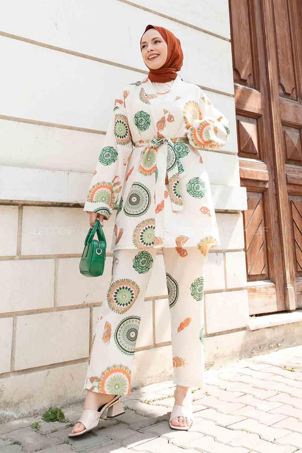 Green Normal Neck Long Arm Belted Linen Viscose Fabric Regular Trousers Linen Suit