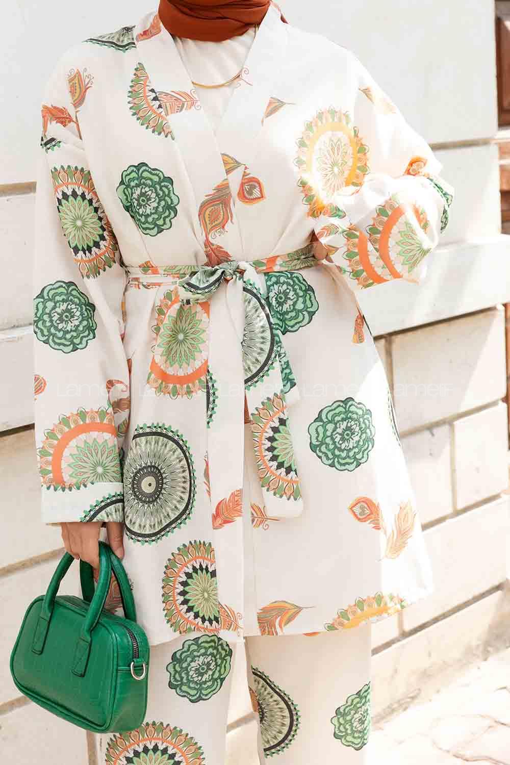 Green Normal Neck Long Arm Belted Linen Viscose Fabric Regular Trousers Linen Suit