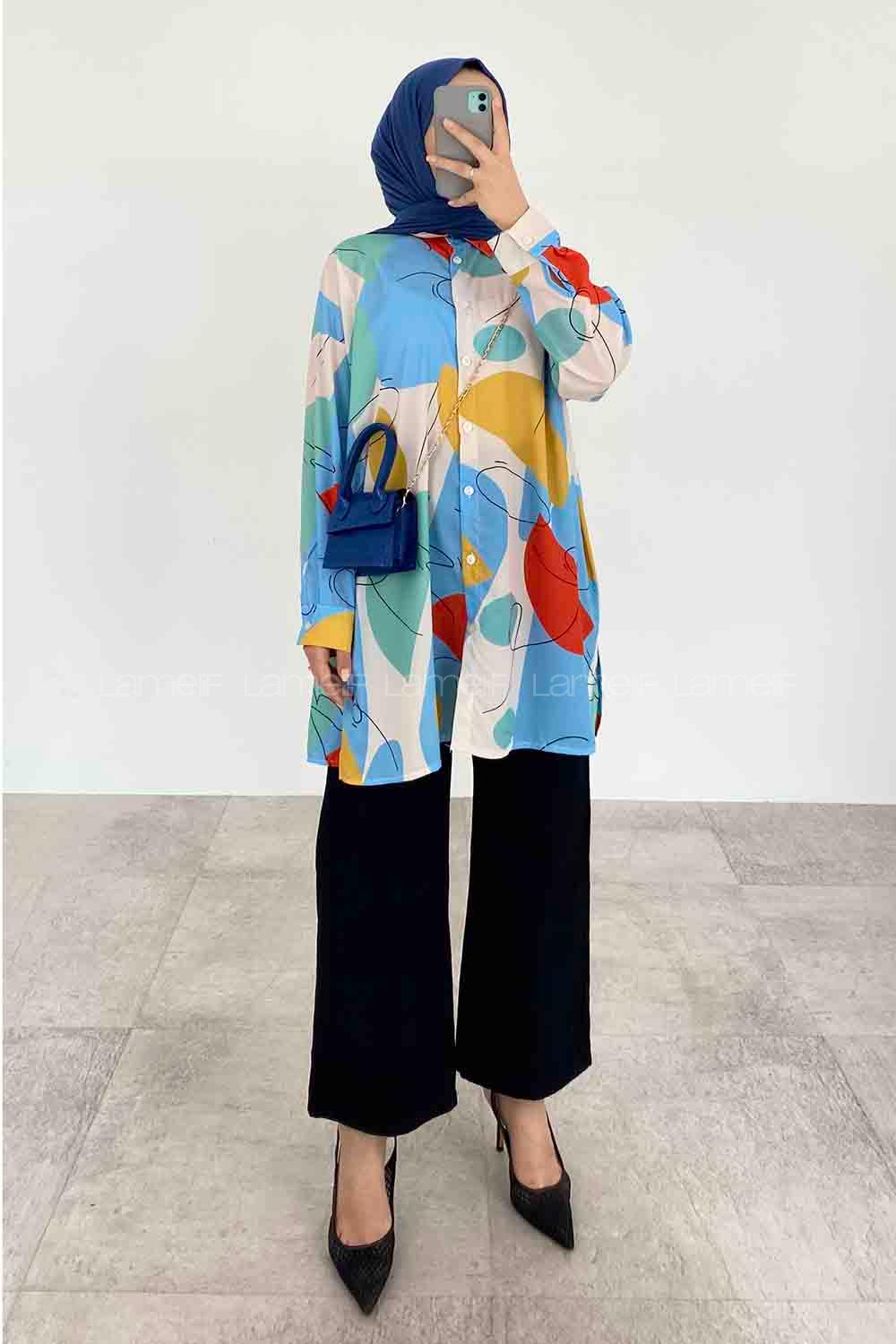 Blue Shirt Collar Long Arm Viscose Fabric Printed Shirt