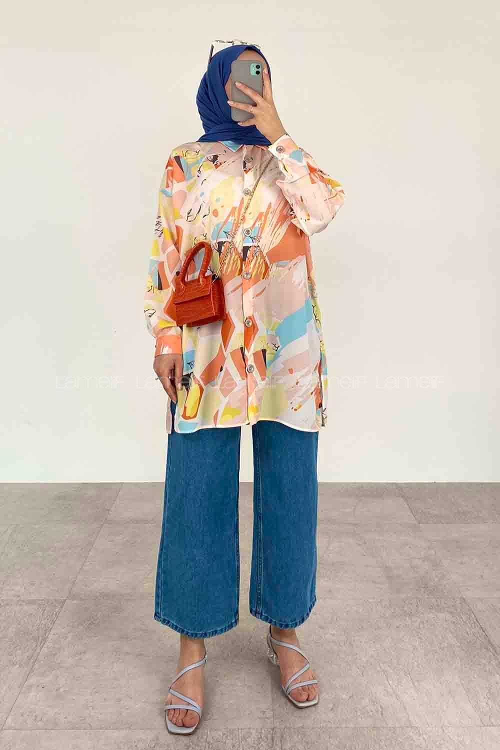 Orange Shirt Collar Long Arm Cotton Printed Shirt