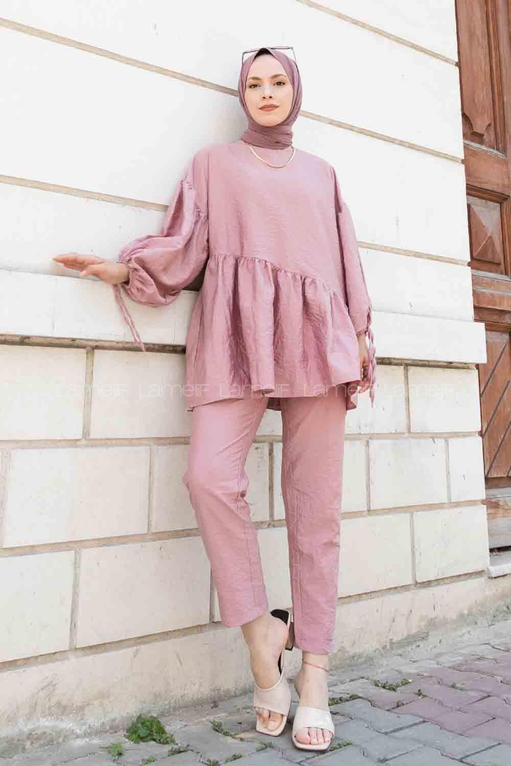 Rose-1 Crew Neck Balloon Sleeve Arm Without Accessories Viscose Fabric Regular Trousers Comfortable Suit