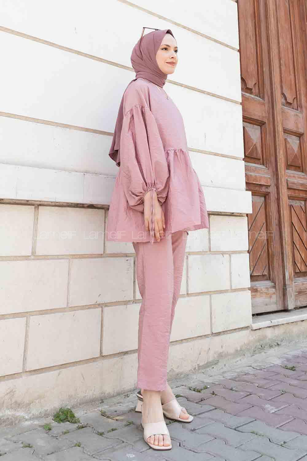 Rose-1 Crew Neck Balloon Sleeve Arm Without Accessories Viscose Fabric Regular Trousers Comfortable Suit