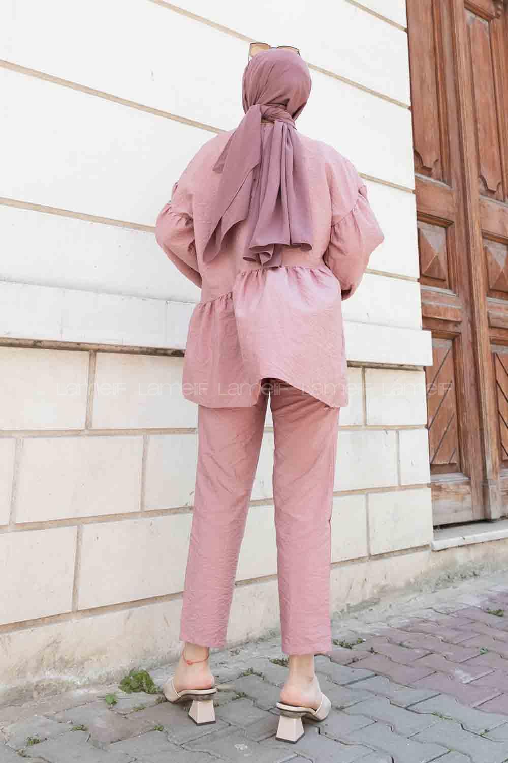 Rose-1 Crew Neck Balloon Sleeve Arm Without Accessories Viscose Fabric Regular Trousers Comfortable Suit