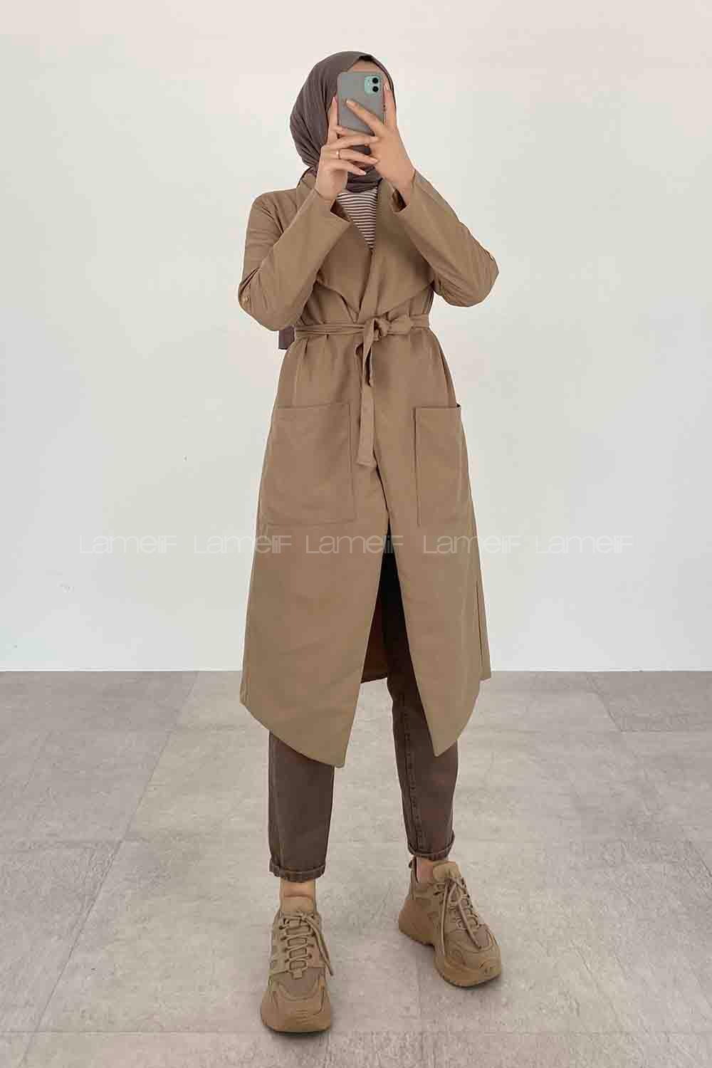 Beige Long Arm Belted Viscose Fabric Trench Coat