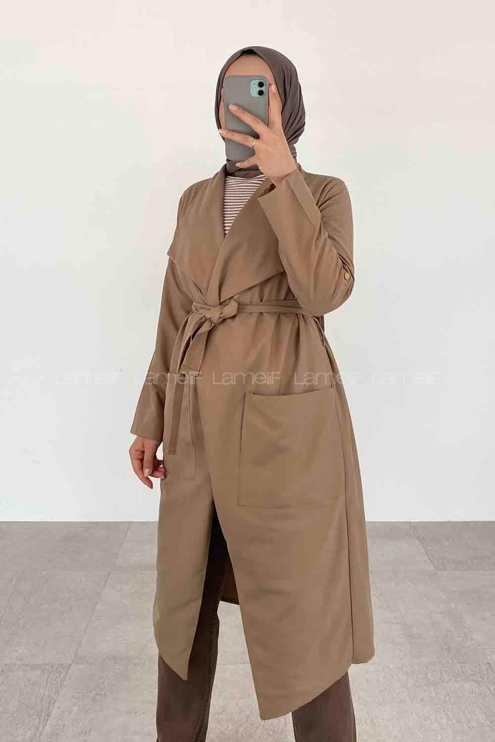 Beige Long Arm Belted Viscose Fabric Trench Coat