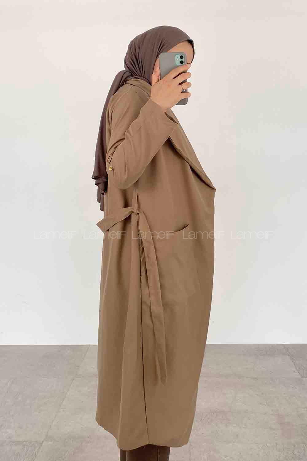 Beige Long Arm Belted Viscose Fabric Trench Coat