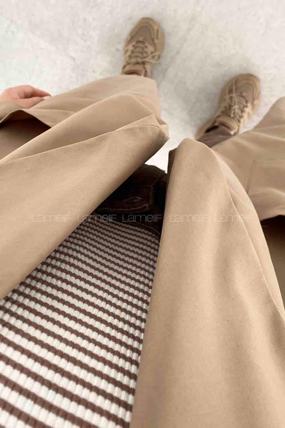 Beige Long Arm Belted Viscose Fabric Trench Coat