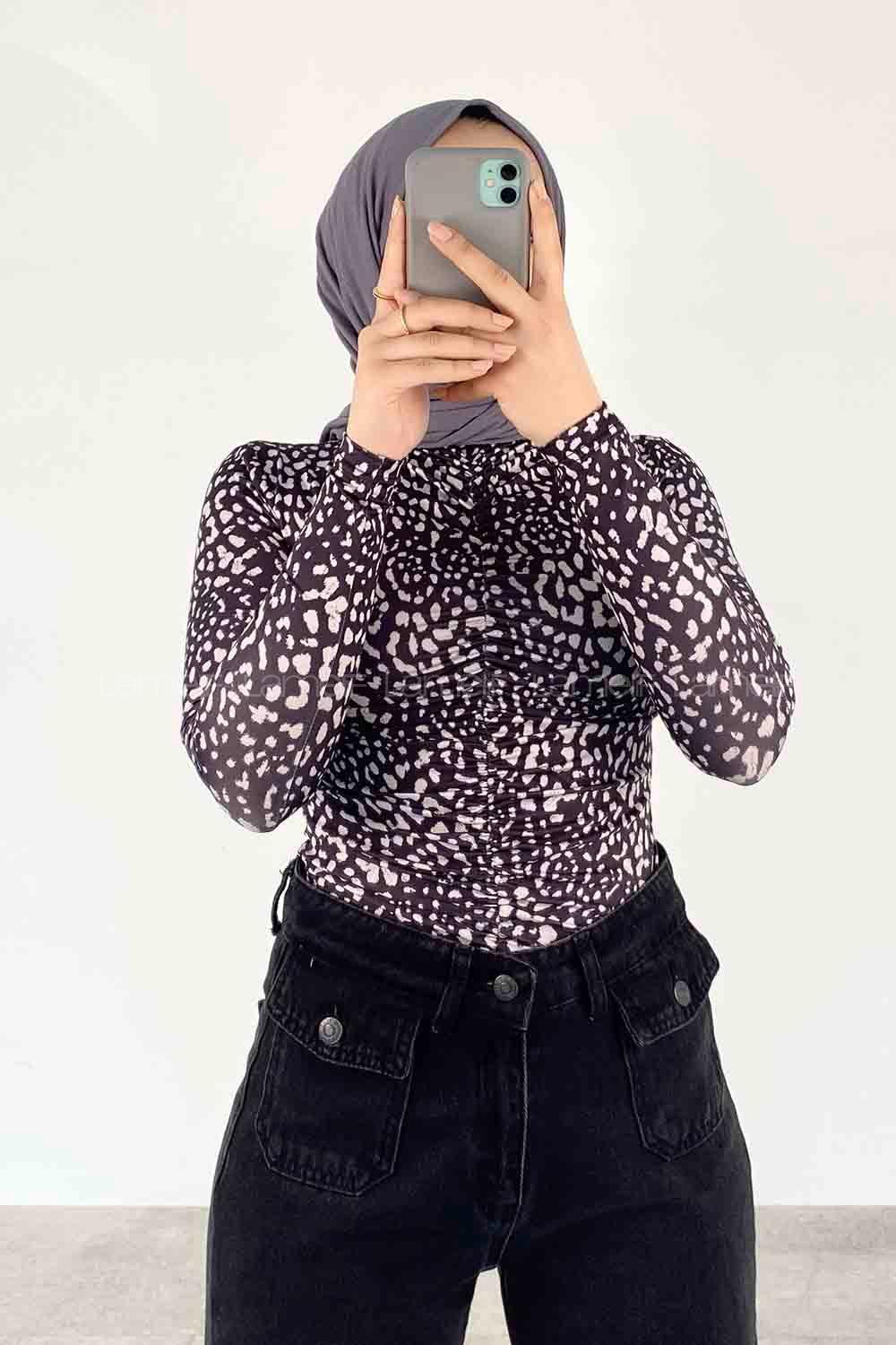 Black Mock Turtle Neck Long Arm Without Accessories Viscose Fabric Printed Blouse