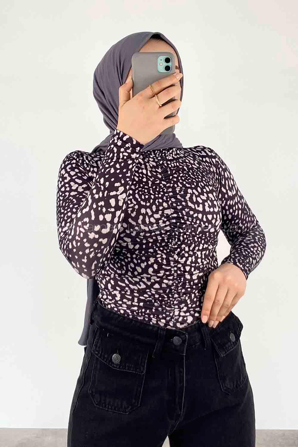 Black Mock Turtle Neck Long Arm Without Accessories Viscose Fabric Printed Blouse