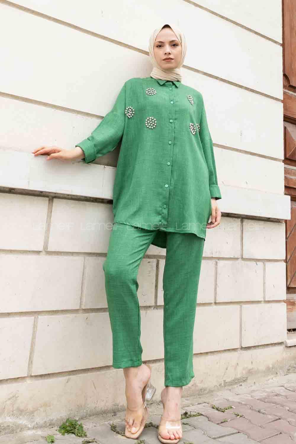 Green Shirt Collar Long Arm With Brooch Linen Regular Trousers Comfortable Suit