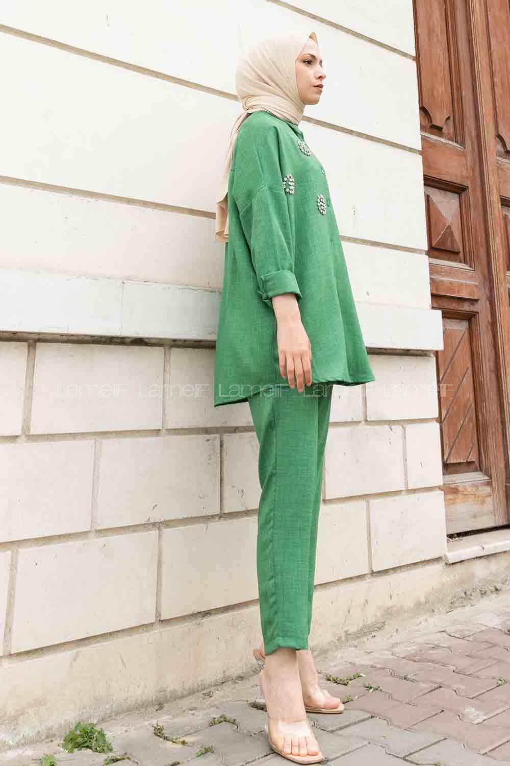 Green Shirt Collar Long Arm With Brooch Linen Regular Trousers Comfortable Suit