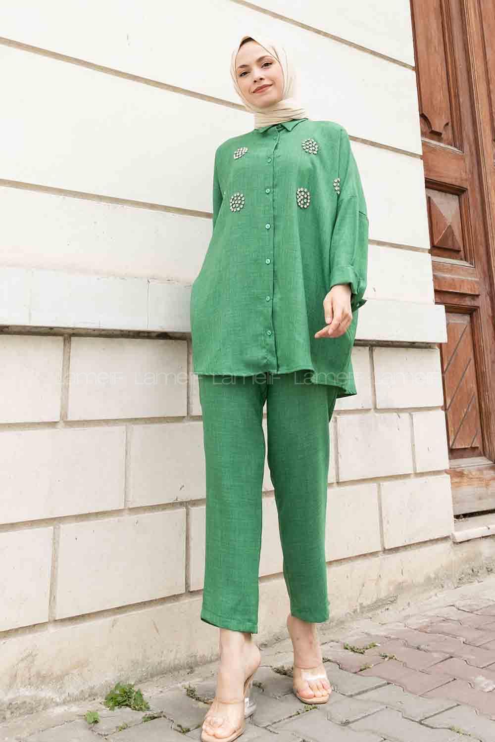 Green Shirt Collar Long Arm With Brooch Linen Regular Trousers Comfortable Suit