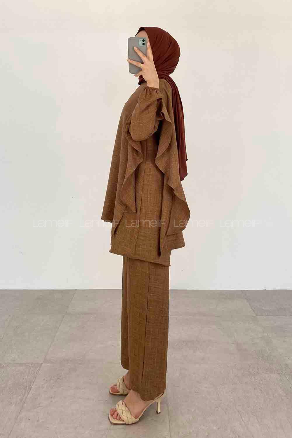 Brown Crew Neck Long Arm Ayrobin Regular Trousers Comfortable Suit
